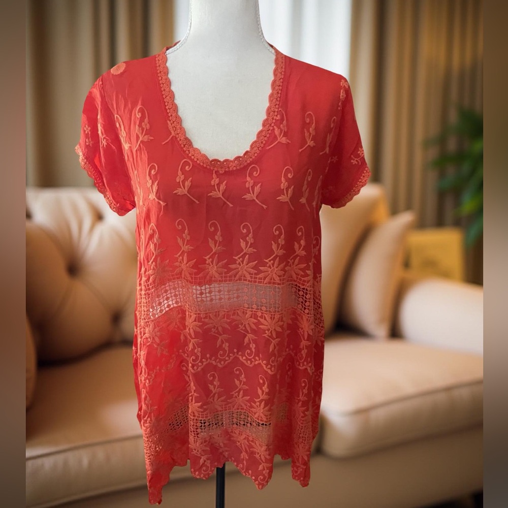 Johnny Was Orange Embroidery tunic blouse eyelet size XS round short sleeve lace - Picture 5 of 16